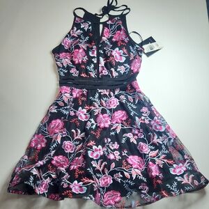 I.N. San Francisco Black Dress with Pink Floral Embroidery